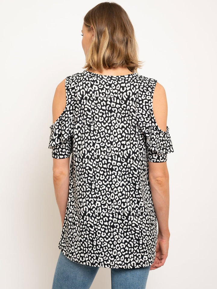 WOMEN'S LEOPARD PRINT TUNIC COLD SHOULDER RUFFLES TOP