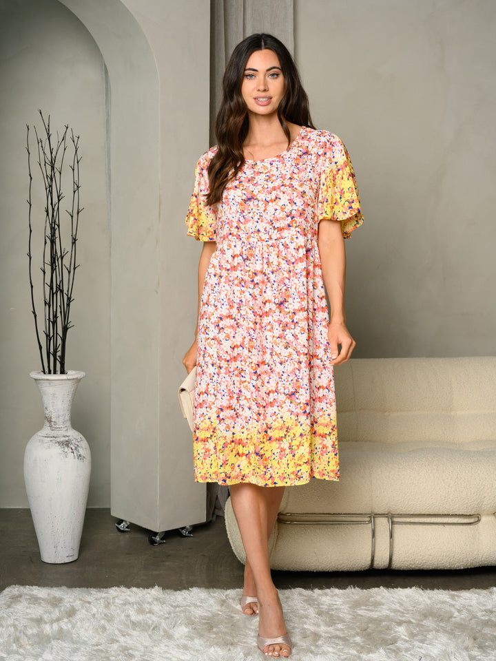 WOMEN'S DITSY FLORAL PRINT WOVEN OPEN SLEEVE MIDI DRESS