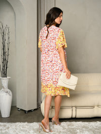 WOMEN'S DITSY FLORAL PRINT WOVEN OPEN SLEEVE MIDI DRESS
