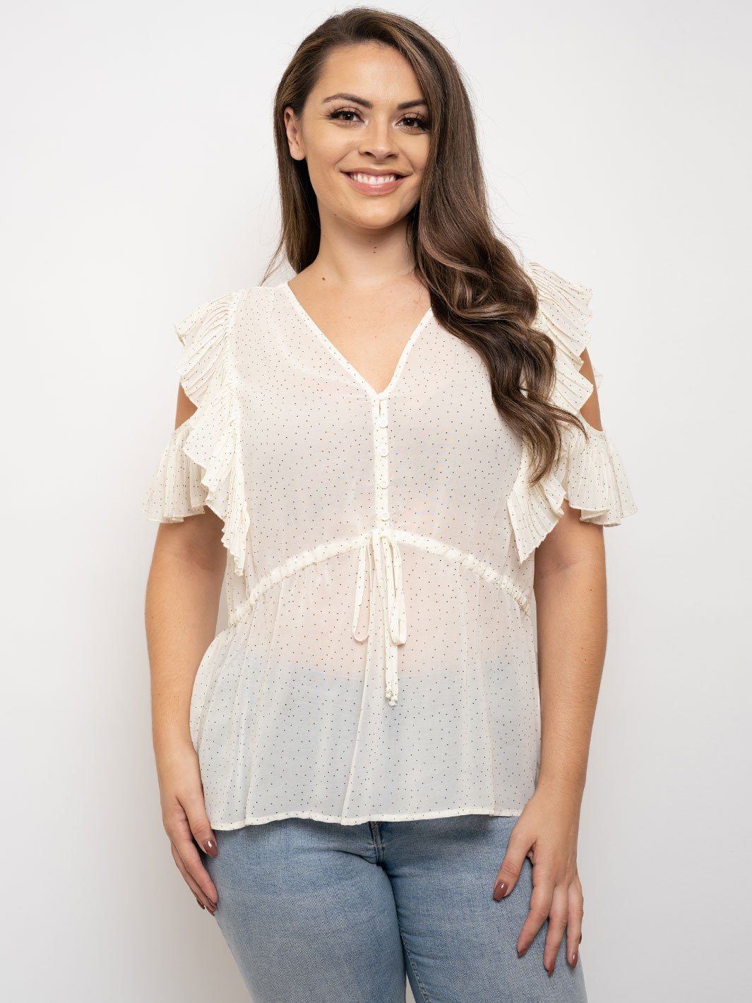PLUS SIZE COLD SHOULDER PLEATED RUFFLE TOP