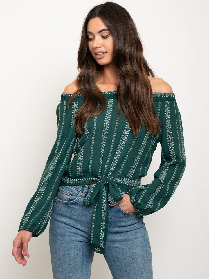 WOMEN'S OFF SHOULDER FRONT TIE LONG SLEEVE TOP