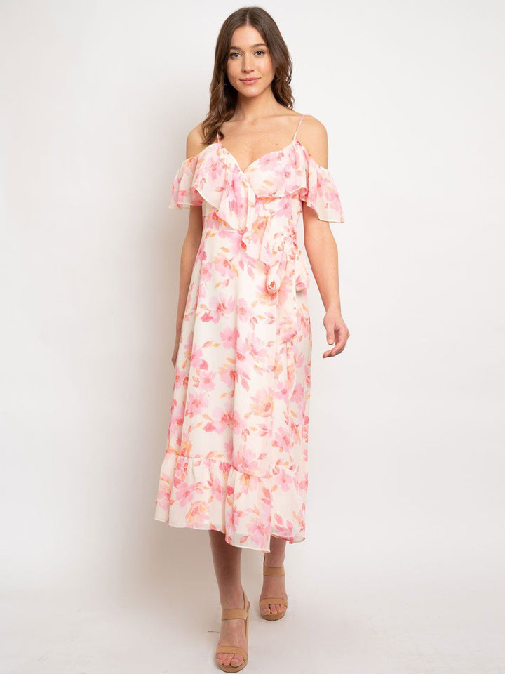 WOMEN'S FLORAL RUFFLE OFF SHOULDER WRAP DRESS
