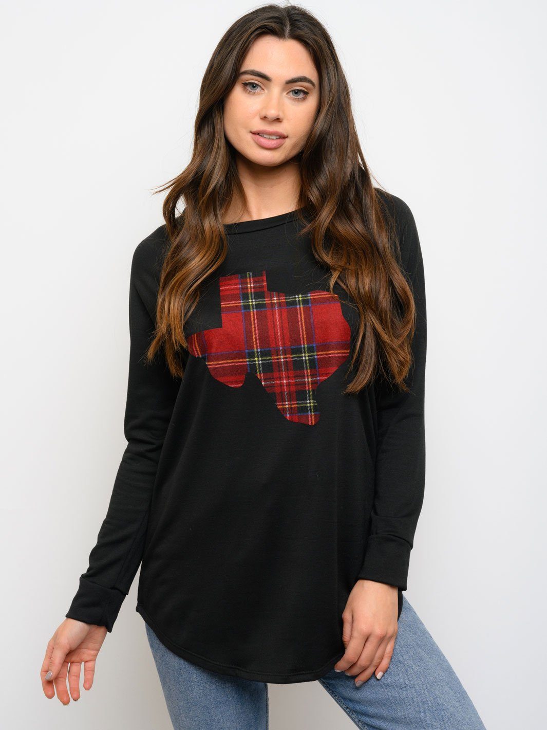 WOMEN'S TEXAS PLAID DETAIL TERRY ROUND NECK TOP