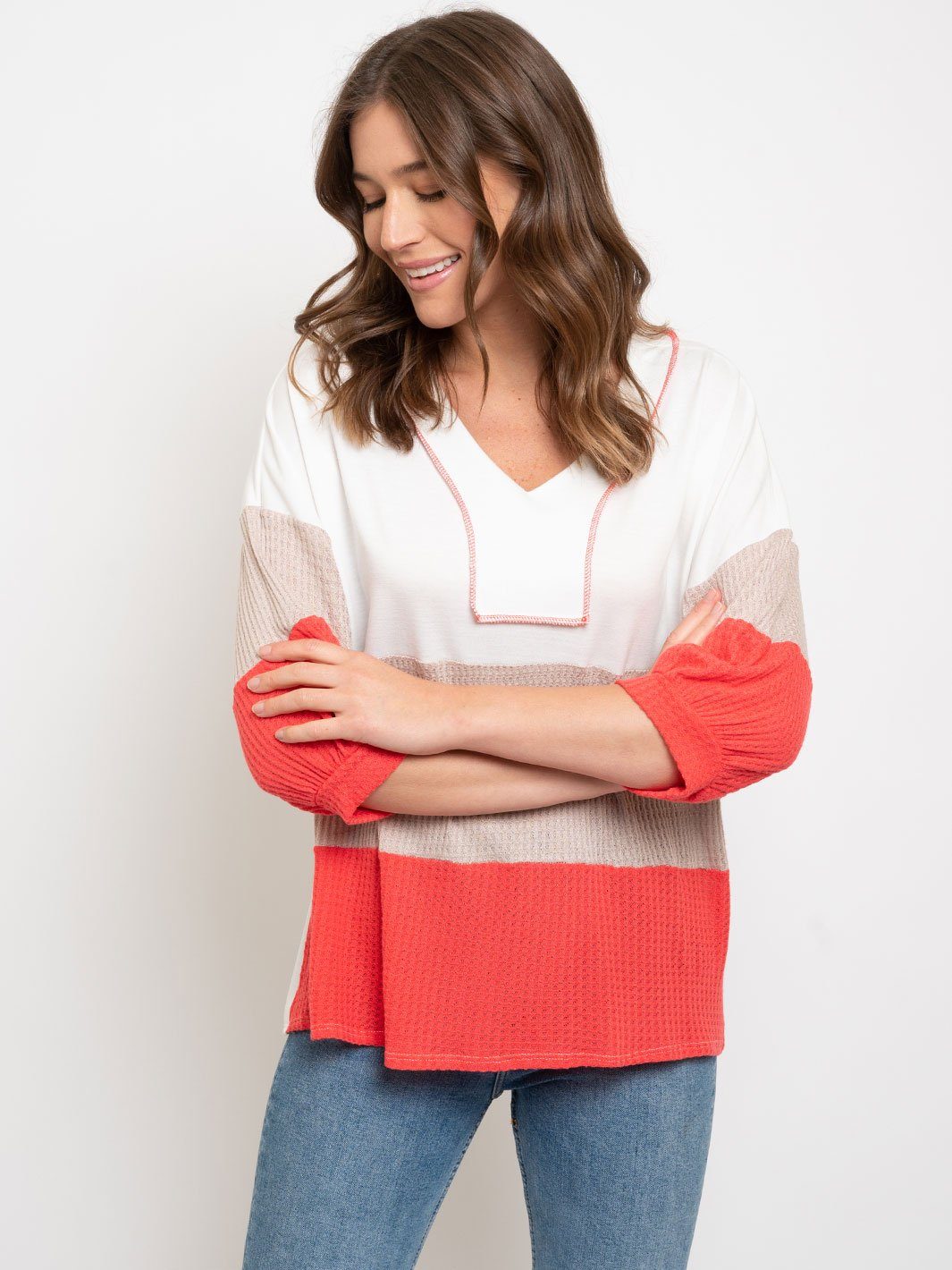 WOMEN'S COLOR BLOCK 3/4 SLEEVE TOP