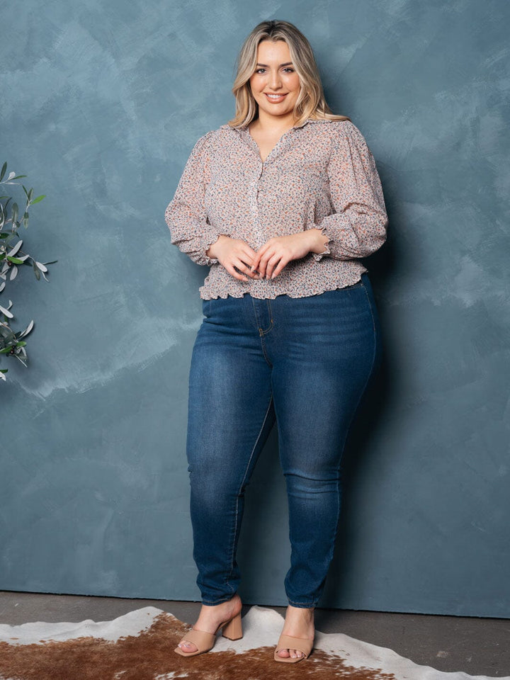 PLUS SIZE 3/4 SLEEVES BUTTON UP SMOCK FLORAL TOP