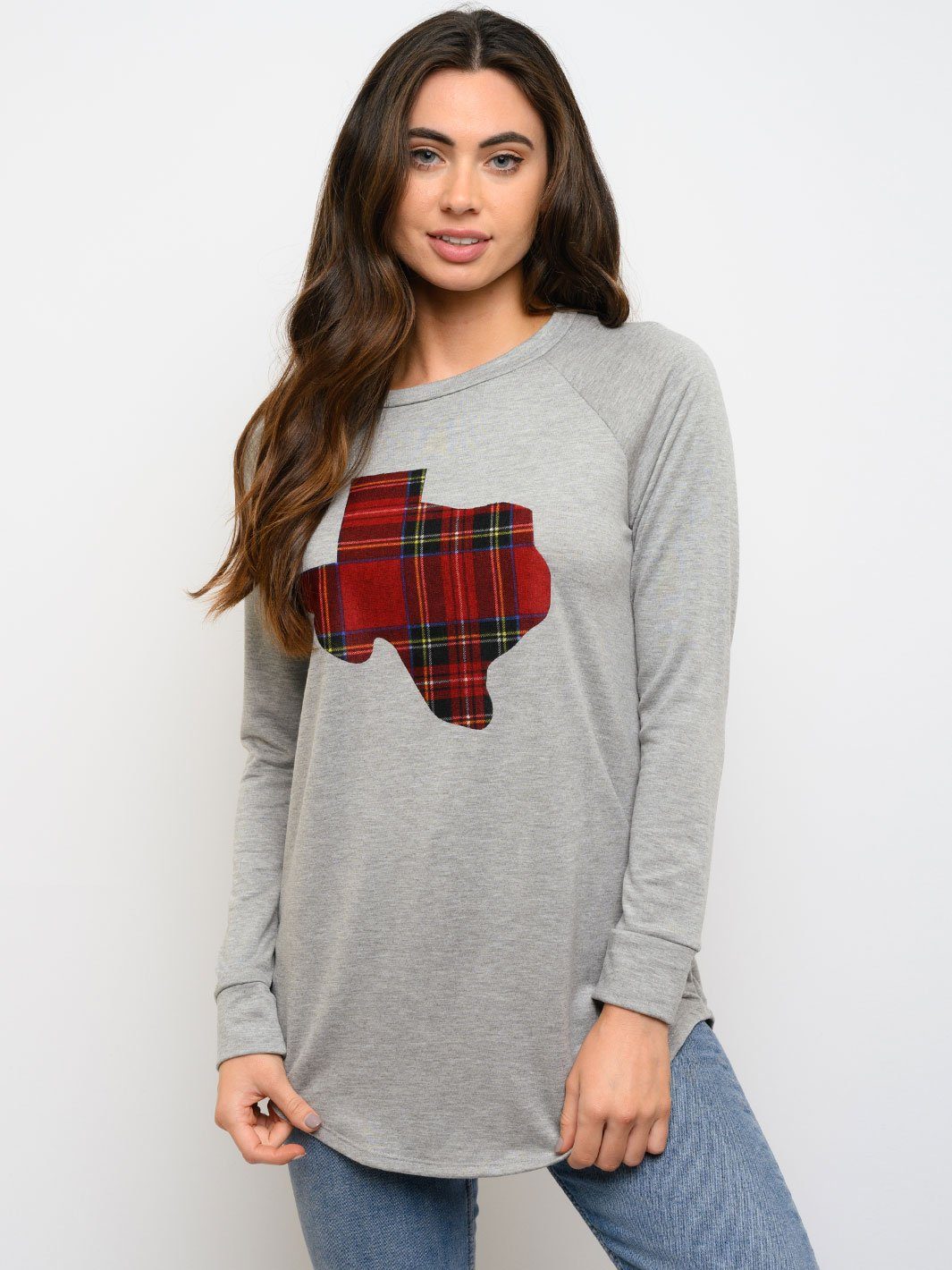 WOMEN'S TEXAS PLAID DETAIL TERRY ROUND NECK TOP