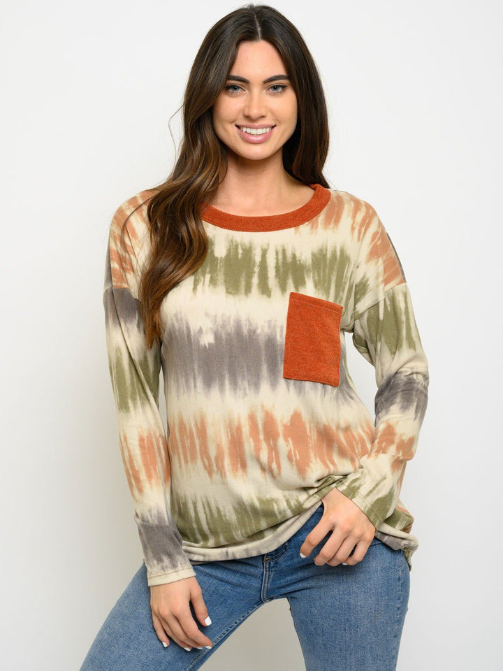 WOMEN'S TIE DYE FRONT POCKET LONG SLEEVE TOP