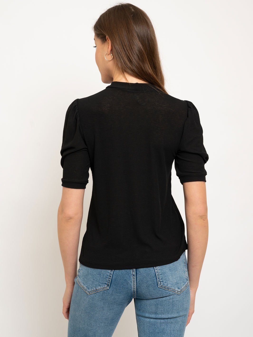 WOMEN'S LIGHT WEIGHT RIB MOCKNECK PUFFED ELBOW SLEEVES TOP