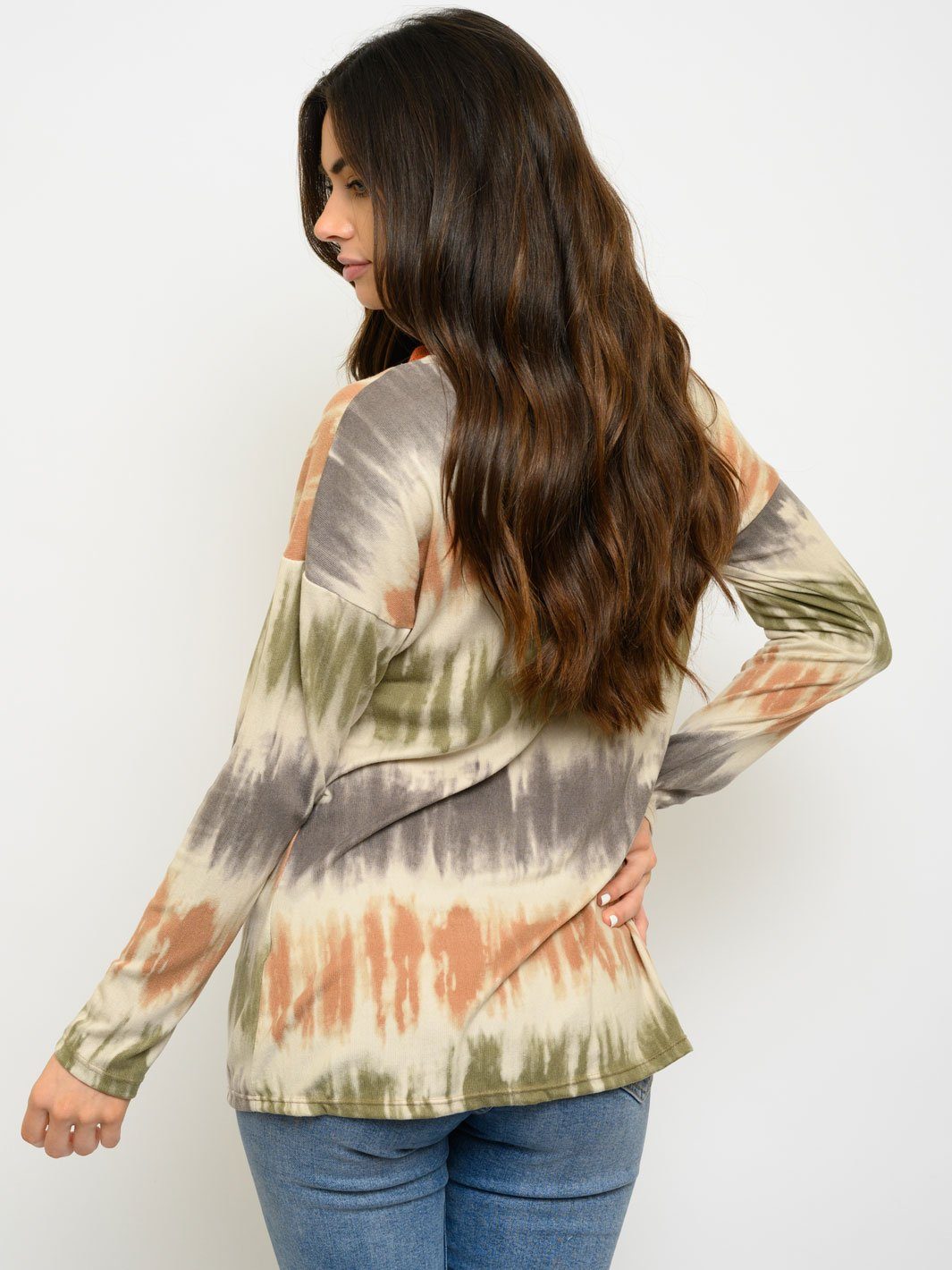 WOMEN'S TIE DYE FRONT POCKET LONG SLEEVE TOP