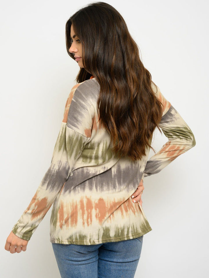 WOMEN'S TIE DYE FRONT POCKET LONG SLEEVE TOP