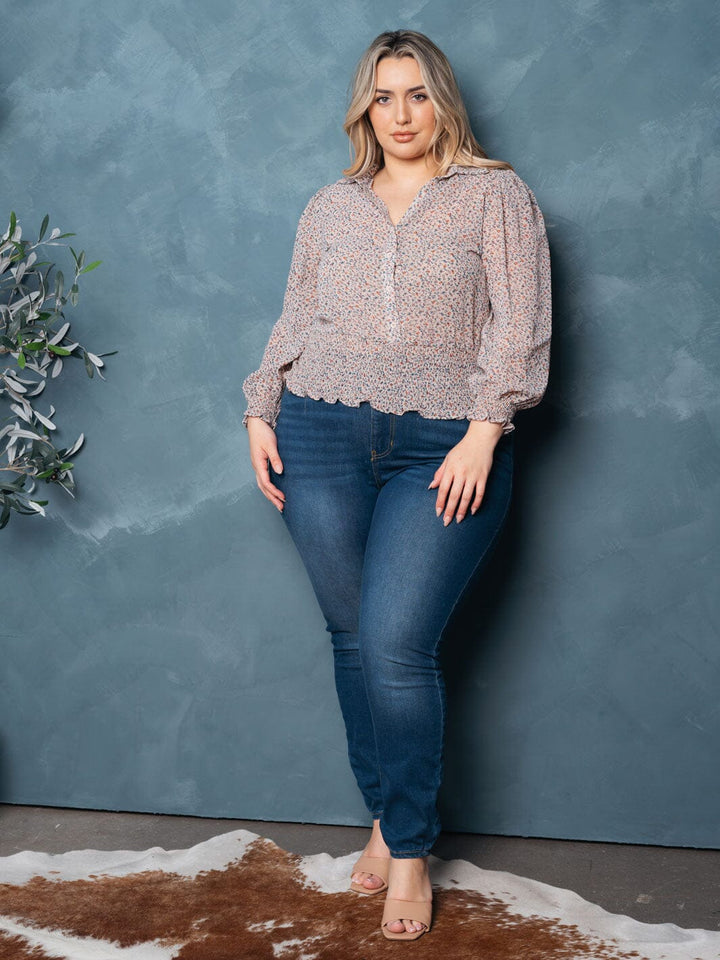 PLUS SIZE 3/4 SLEEVES BUTTON UP SMOCK FLORAL TOP