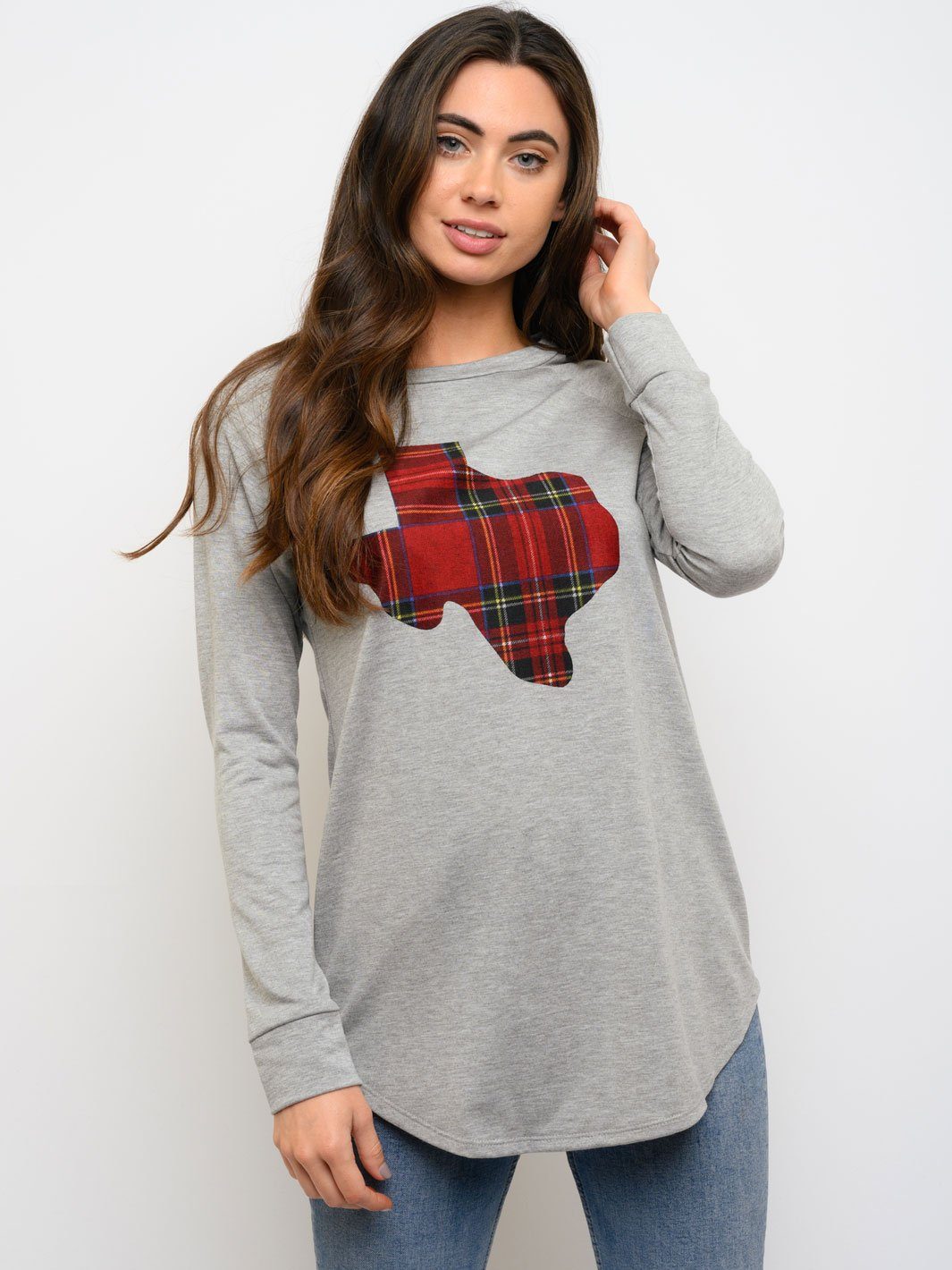 WOMEN'S TEXAS PLAID DETAIL TERRY ROUND NECK TOP