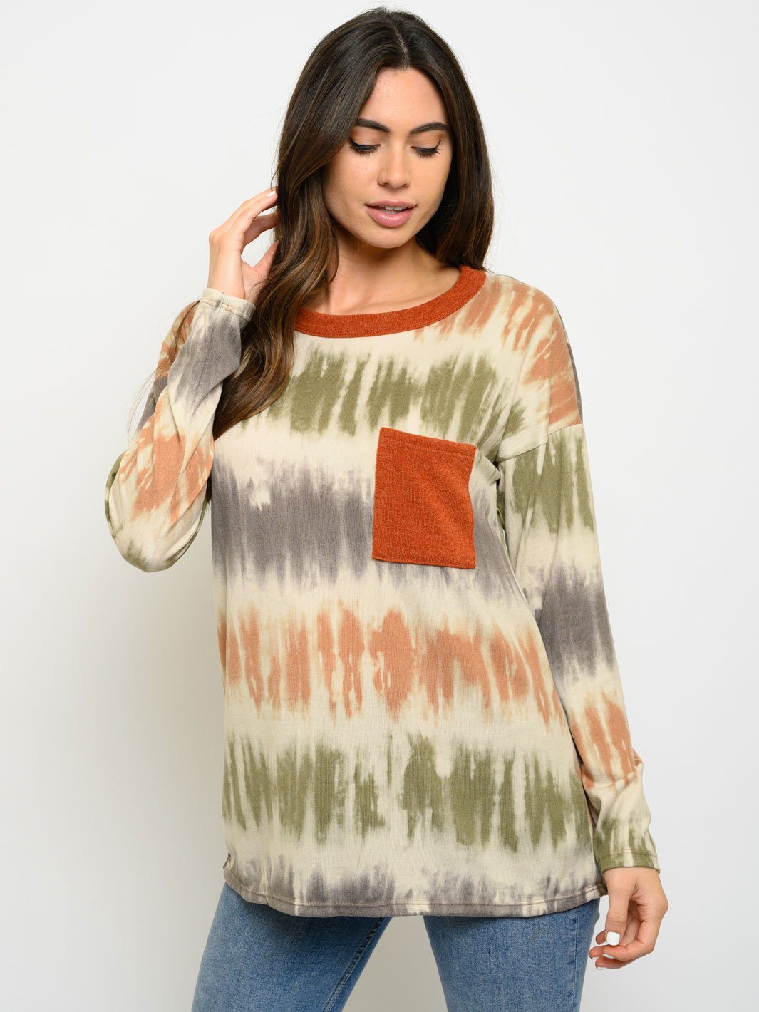 WOMEN'S TIE DYE FRONT POCKET LONG SLEEVE TOP