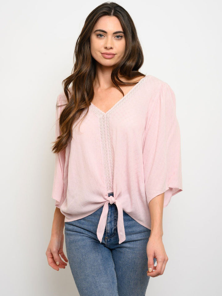 WOMEN'S FRONT TIE WITH LACE BACK DETAIL 3/4 SLEEVE TOP