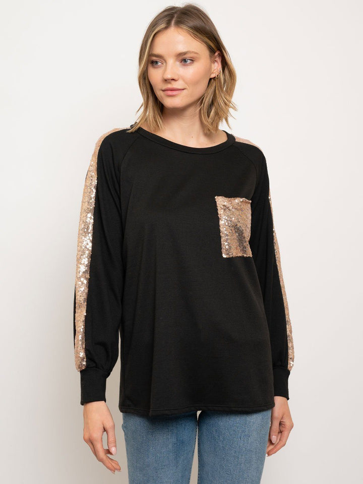 WOMEN'S SEQUINS LONG SLEEVE POCKET TOP