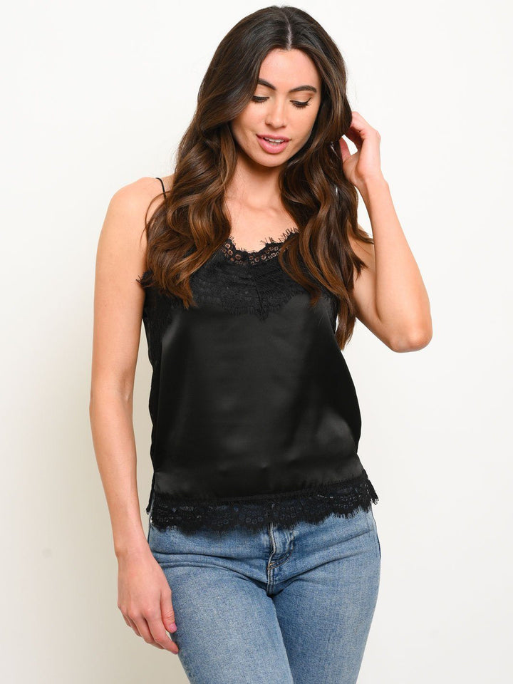 WOMEN'S EYEBROW LACE TRIM SATIN CAMISOLE TOP