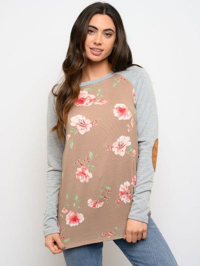 WOMEN'S FLORAL ELBOW PATCHES LONG SLEEVE TOP