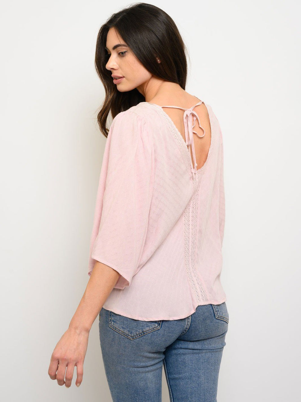 WOMEN'S FRONT TIE WITH LACE BACK DETAIL 3/4 SLEEVE TOP