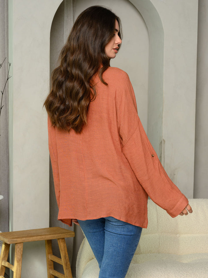 WOMEN'S LONG SLEEVE BUTTON UP SOLID TOP
