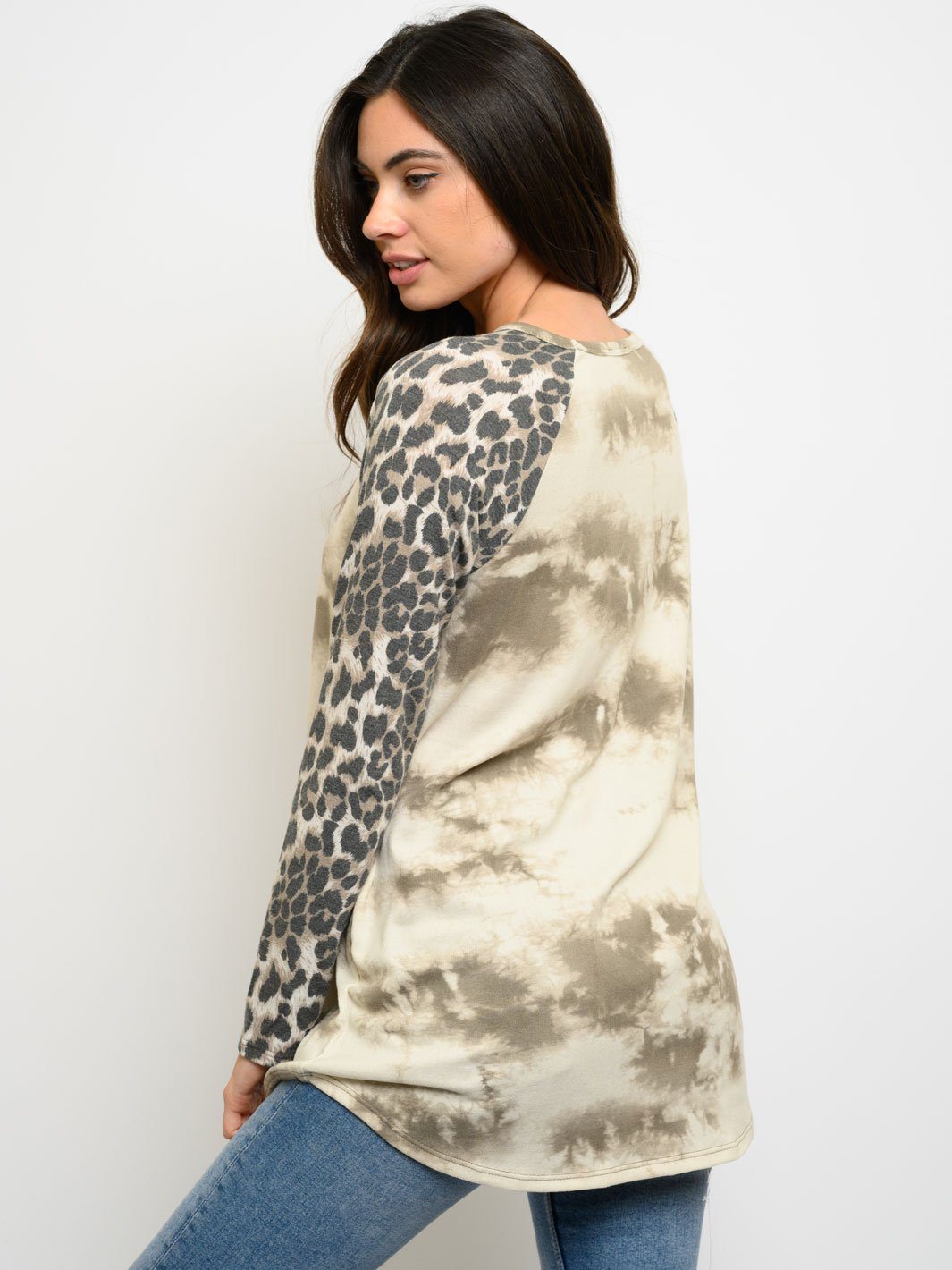 WOMEN'S LONG SLEEVE ANIMAL PRINT TIE DYE CONTRAST TOP