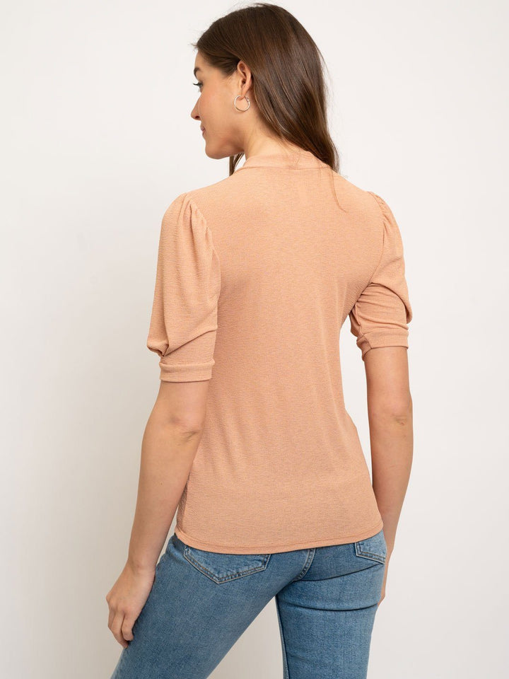 WOMEN'S LIGHT WEIGHT RIB MOCKNECK PUFFED ELBOW SLEEVES TOP