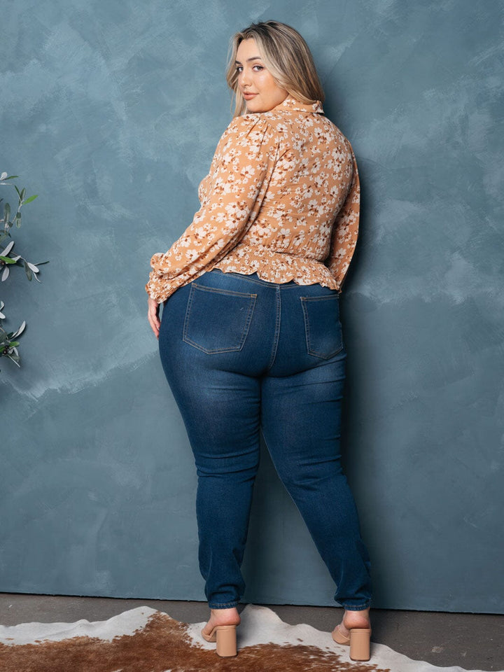 PLUS SIZE LONG SLEEVES BUTTON UP SMOCK FLORAL TOP