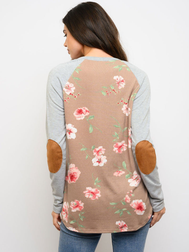 WOMEN'S FLORAL ELBOW PATCHES LONG SLEEVE TOP