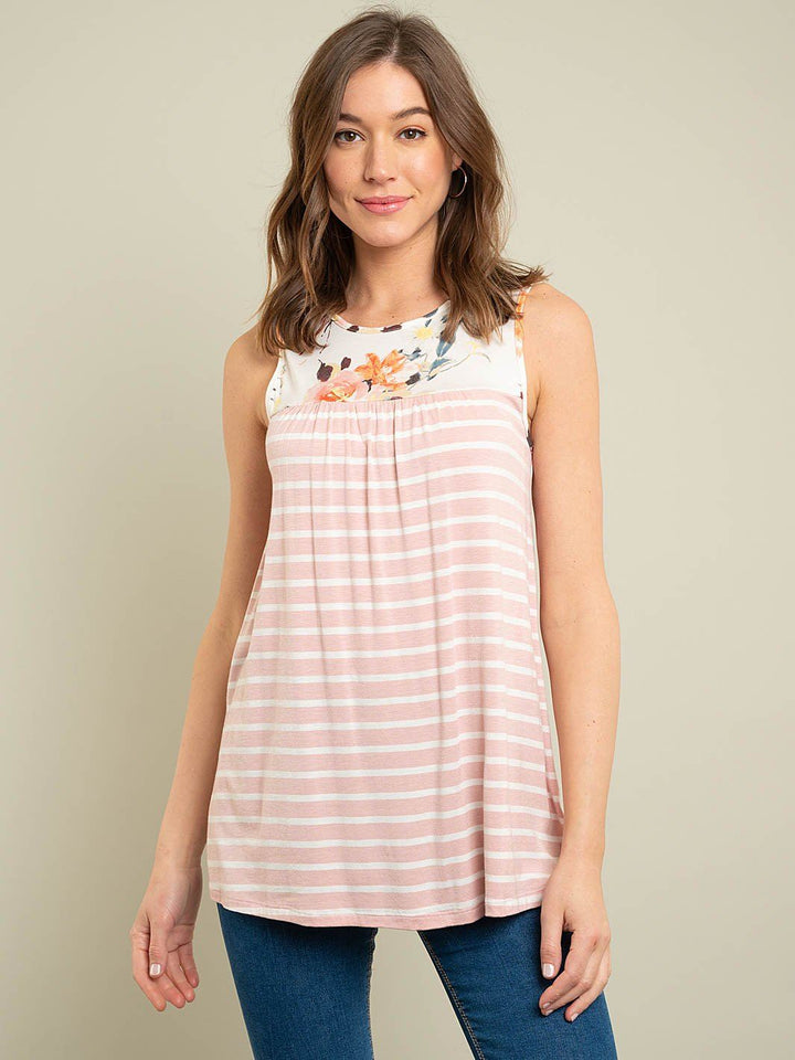 WOMEN'S SLEEVELESS STRIPES & FLORAL TOP