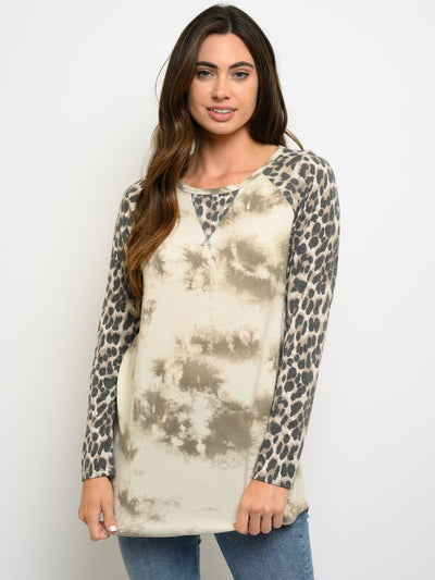 WOMEN'S LONG SLEEVE ANIMAL PRINT TIE DYE CONTRAST TOP