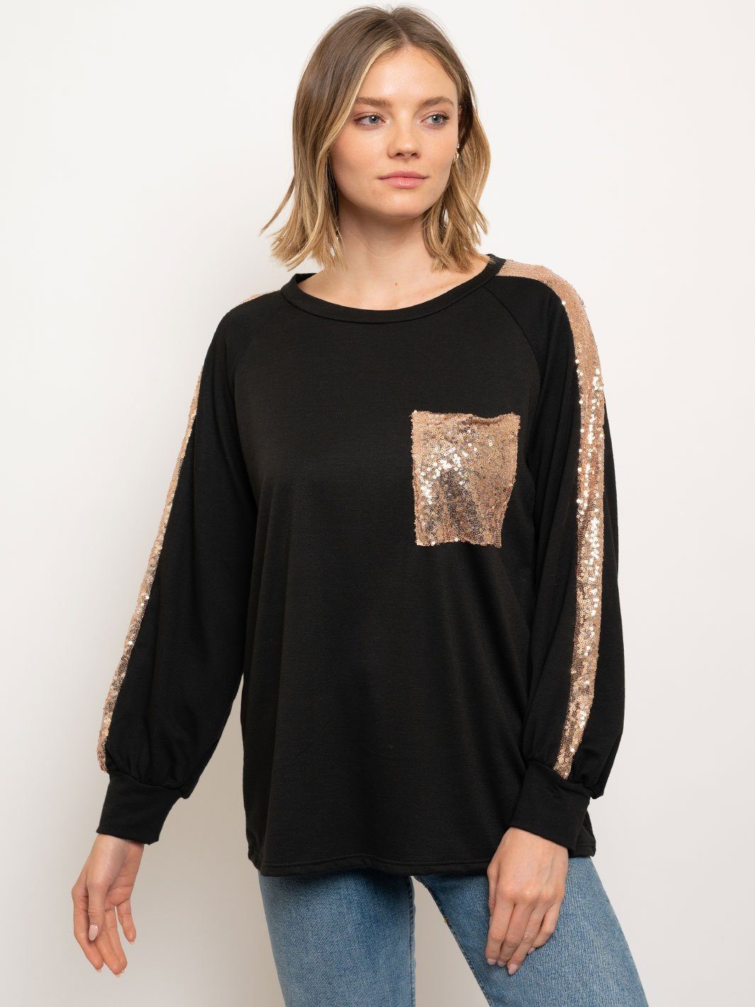 WOMEN'S SEQUINS LONG SLEEVE POCKET TOP