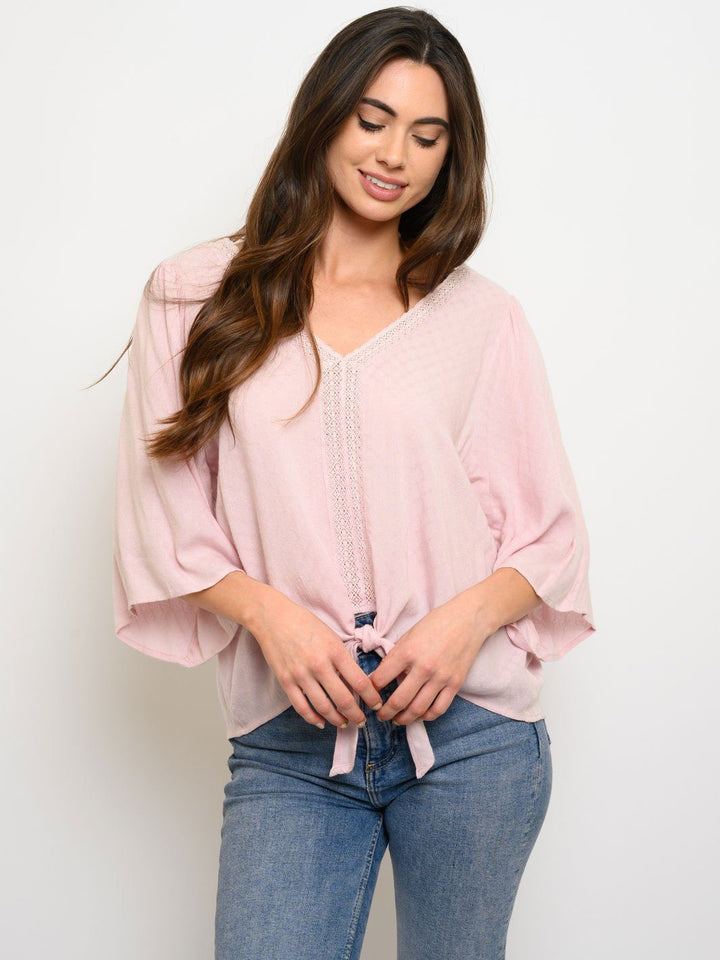 WOMEN'S FRONT TIE WITH LACE BACK DETAIL 3/4 SLEEVE TOP