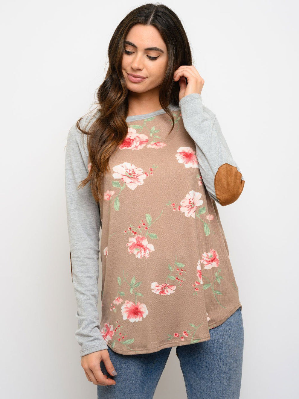 WOMEN'S FLORAL ELBOW PATCHES LONG SLEEVE TOP