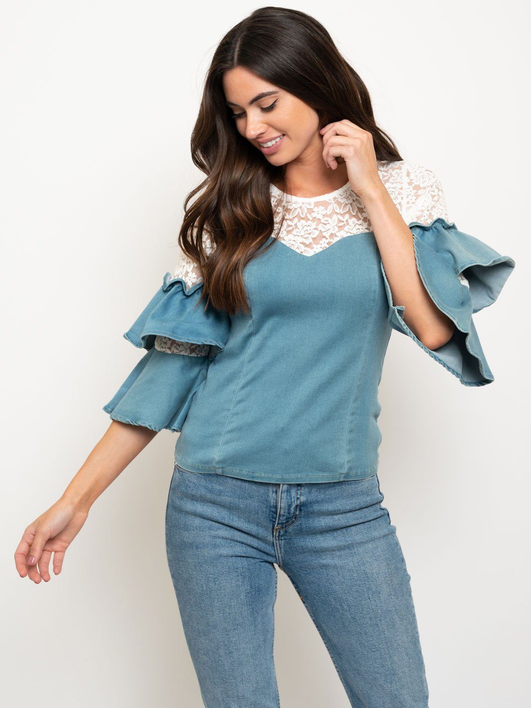 WOMEN'S RUFFLE SLEEVES DENIM TOP
