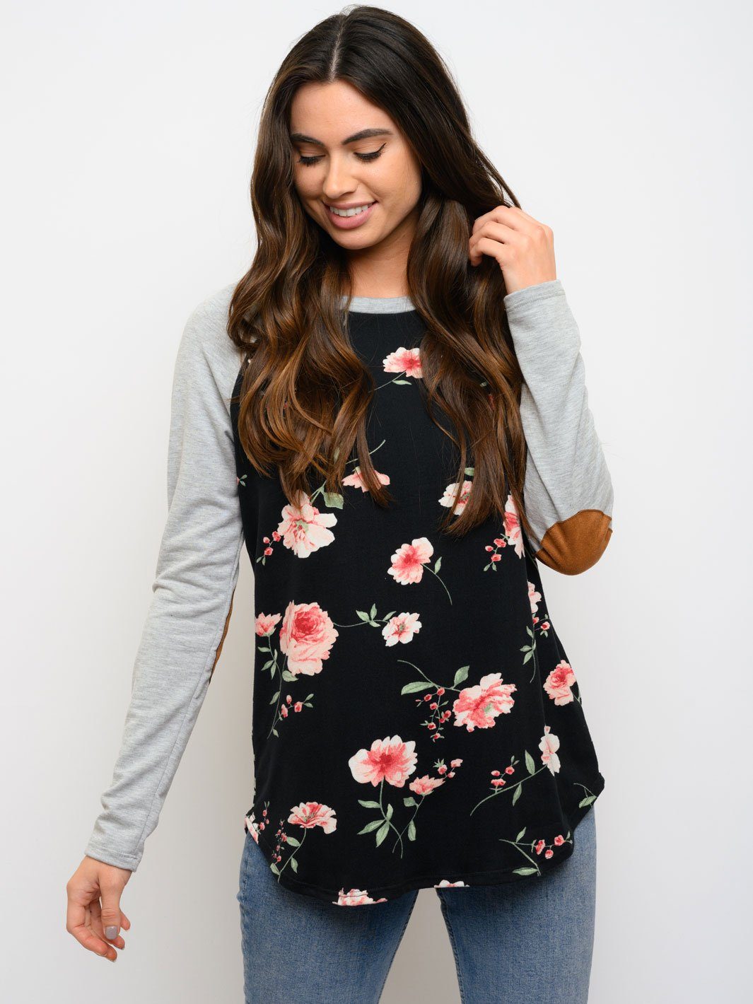 WOMEN'S FLORAL ELBOW PATCHES LONG SLEEVE TOP