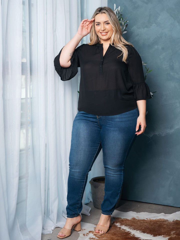 PLUS SIZE RUFFLE 3/4 SLEEVES V-NECK TOP