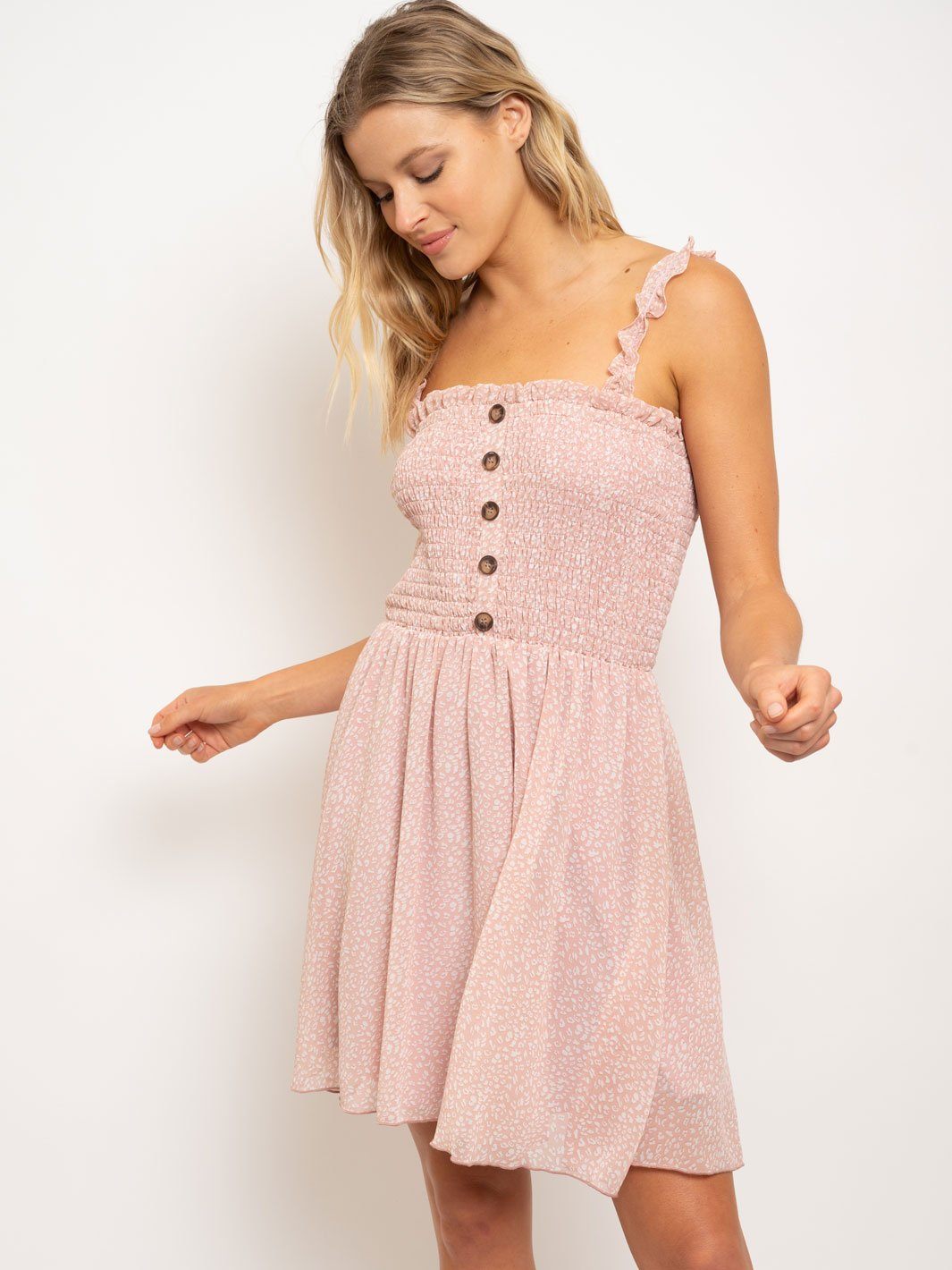 WOMEN'S SMOCKED RUFFLED STRAPS BUTTONS DRESS