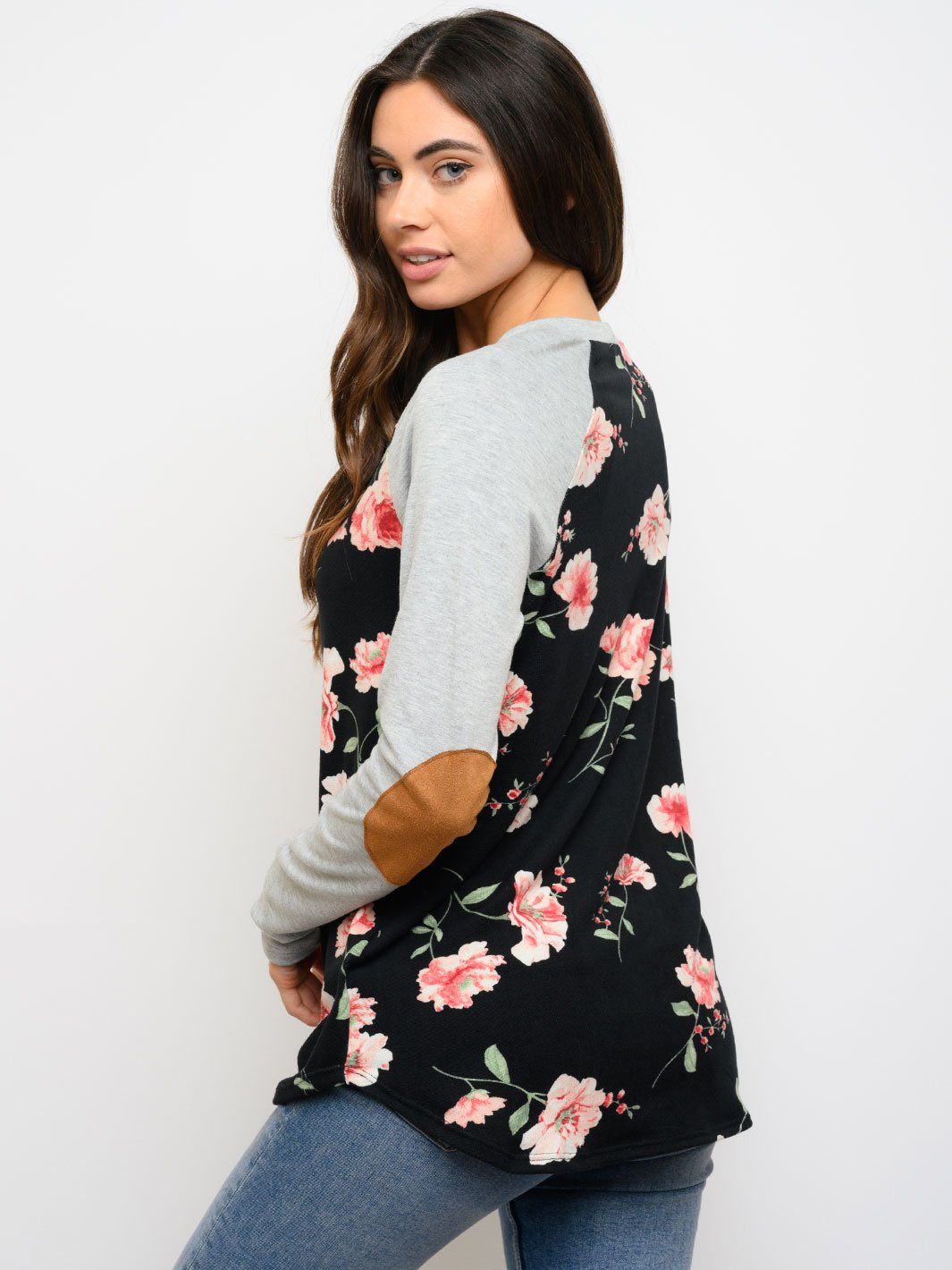 WOMEN'S FLORAL ELBOW PATCHES LONG SLEEVE TOP