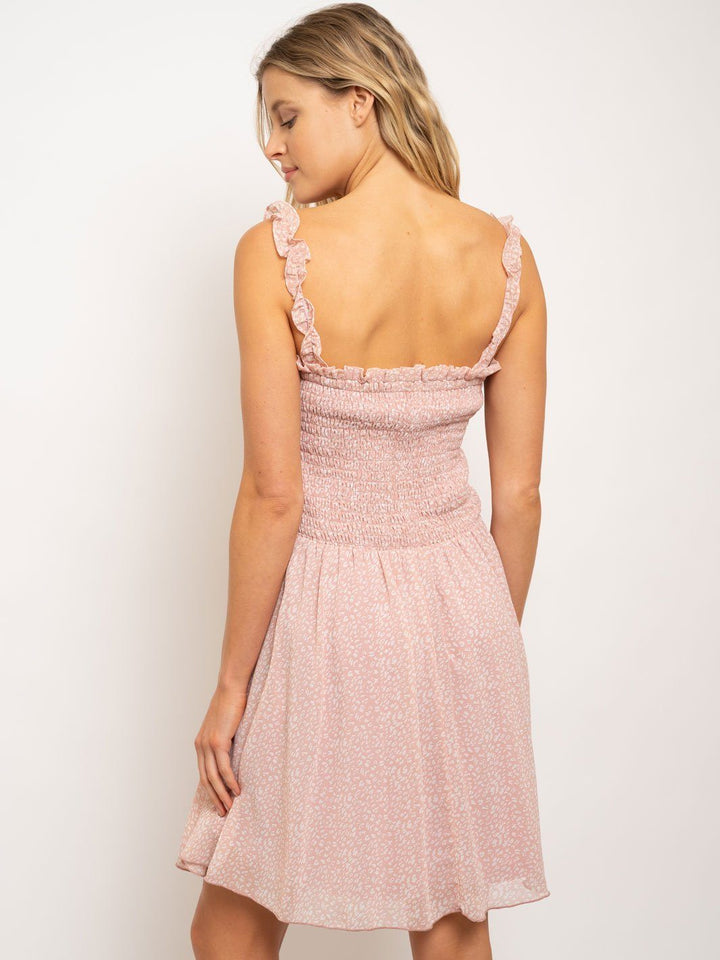 WOMEN'S SMOCKED RUFFLED STRAPS BUTTONS DRESS