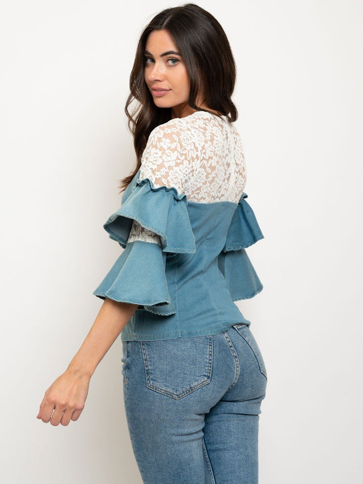 WOMEN'S RUFFLE SLEEVES DENIM TOP