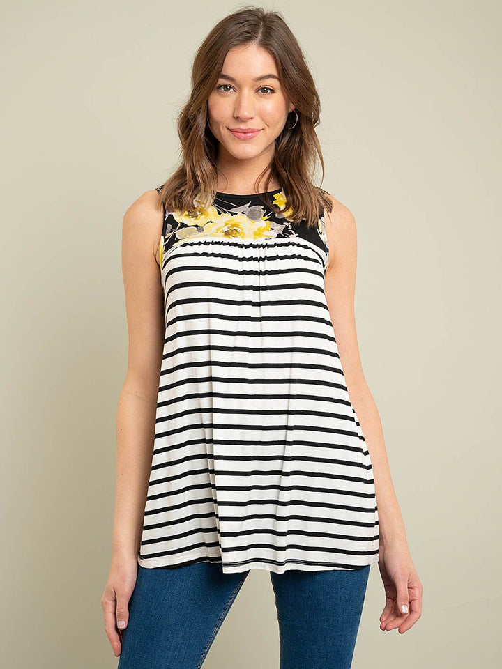 WOMEN'S SLEEVELESS STRIPES & FLORAL TOP