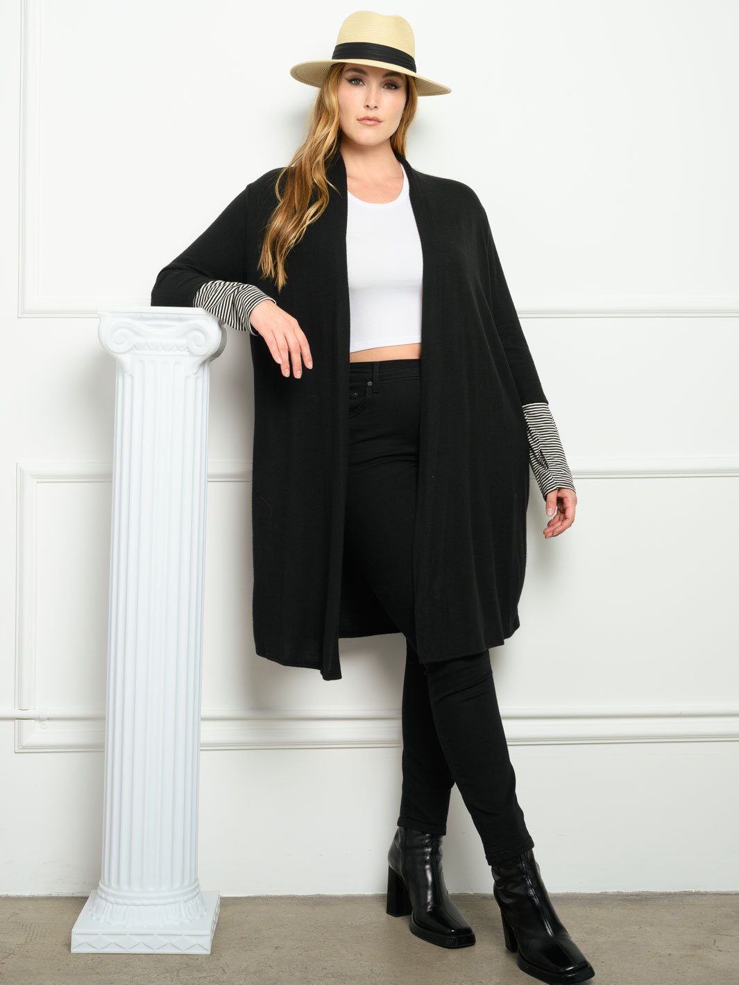 PLUS SIZE STRIPES WITH POCKETS LONG SLEEVE CARDIGAN