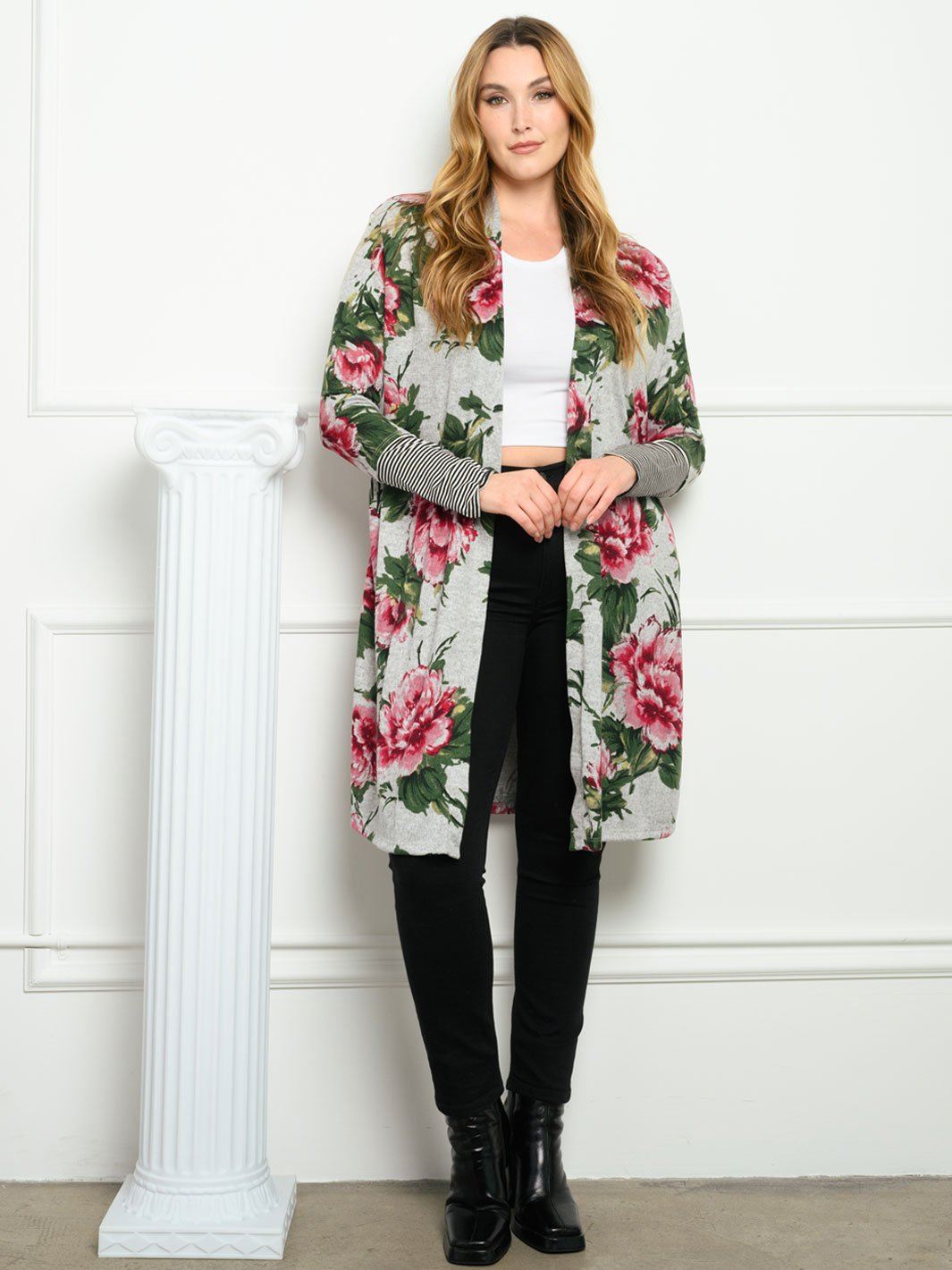 PLUS SIZE FLORAL STRIPES LONG SLEEVE CARDIGAN