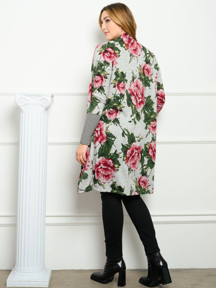 PLUS SIZE FLORAL STRIPES LONG SLEEVE CARDIGAN