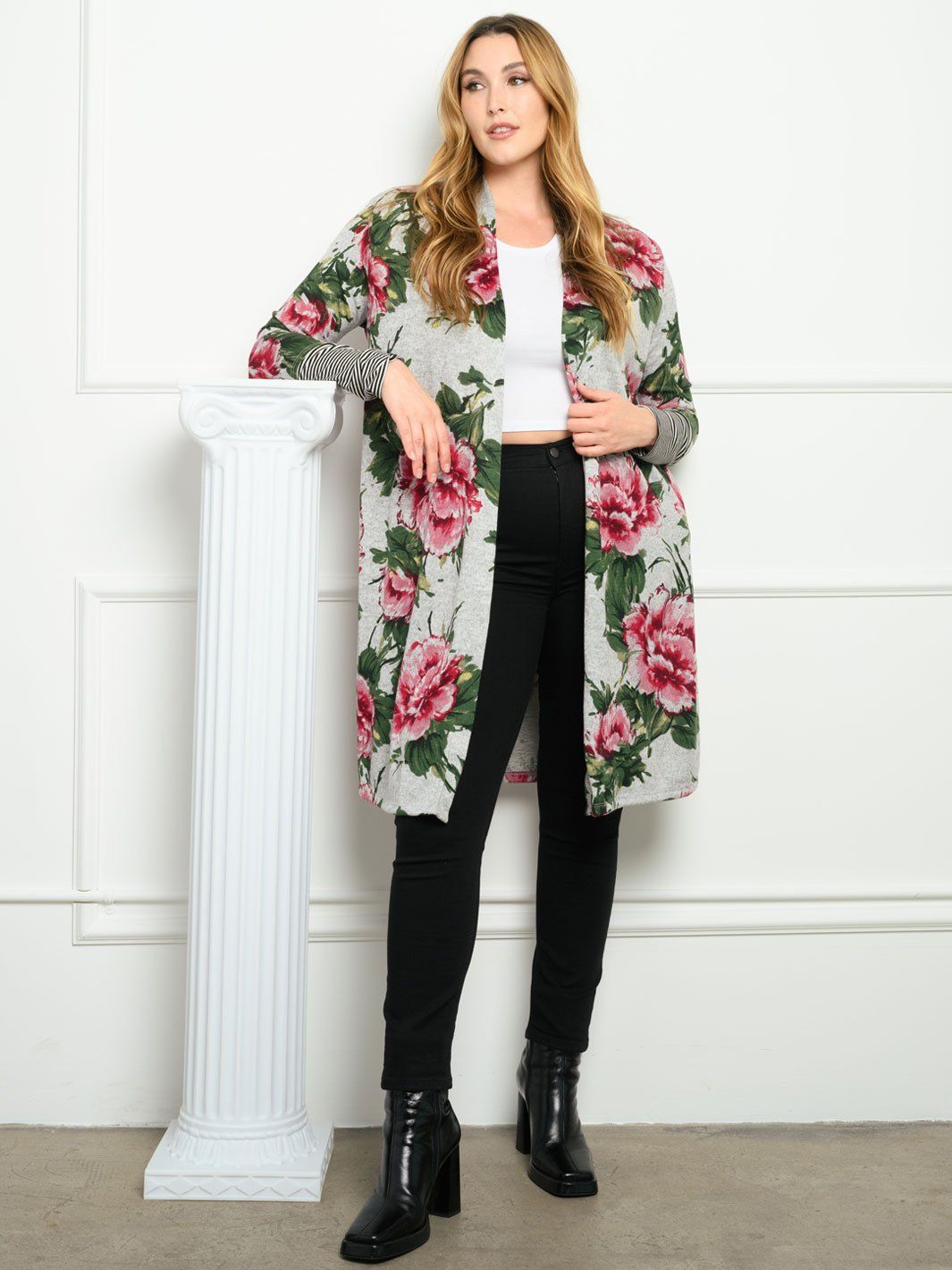 PLUS SIZE FLORAL STRIPES LONG SLEEVE CARDIGAN