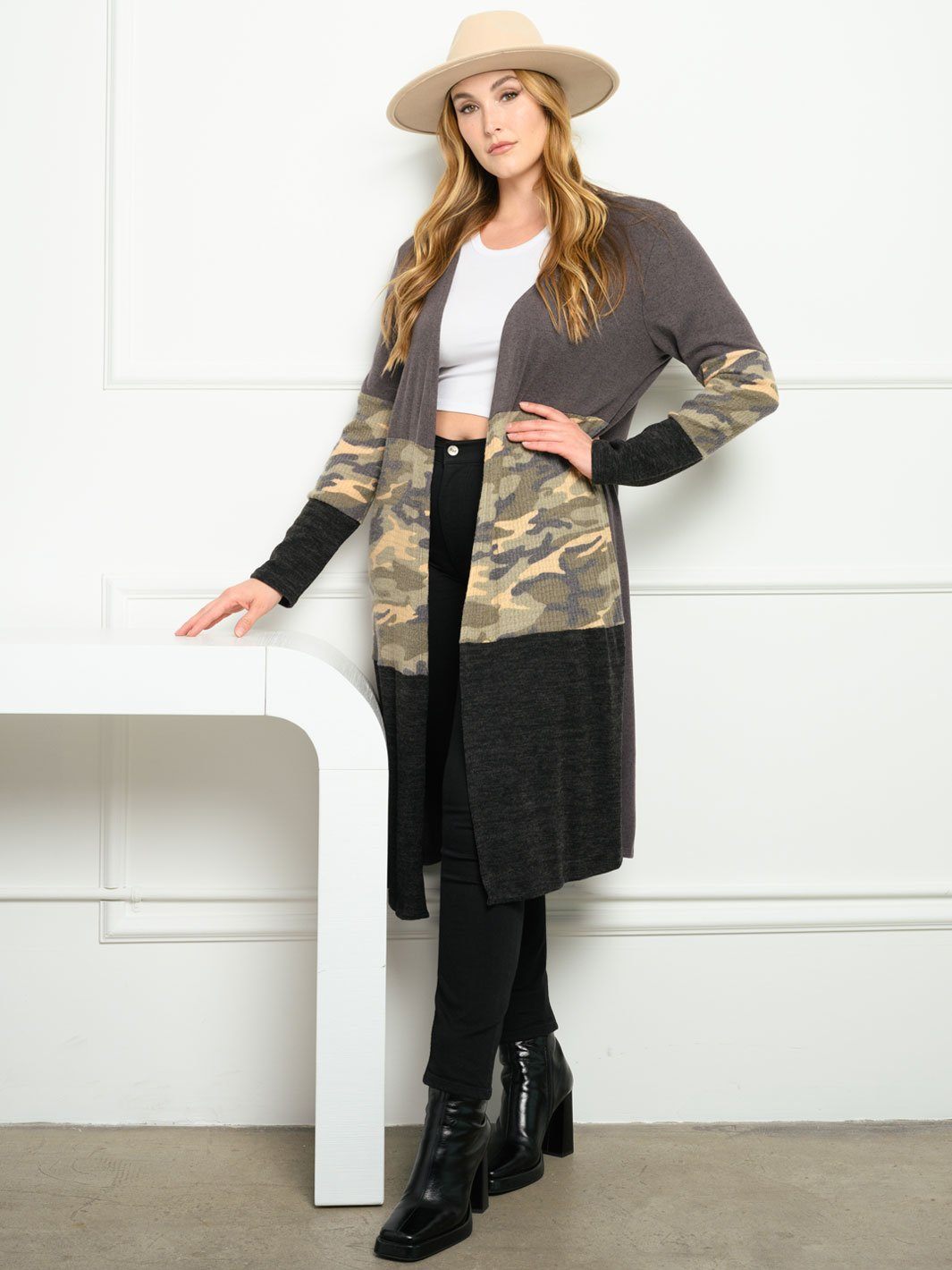 PLUS SIZE CAMO PRINT CONTRAST LONG SLEEVE CARDIGAN