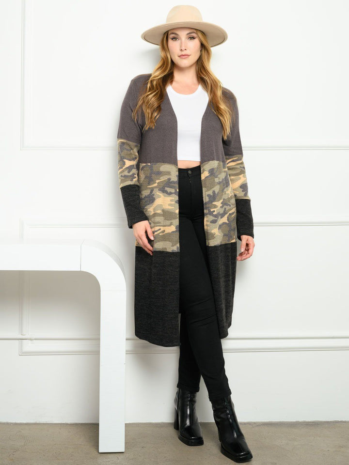PLUS SIZE CAMO PRINT CONTRAST LONG SLEEVE CARDIGAN
