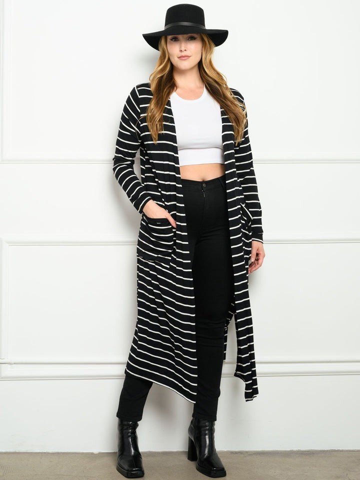 PLUS SIZE STRIPES WITH POCKETS LONG SLEEVE CARDIGAN