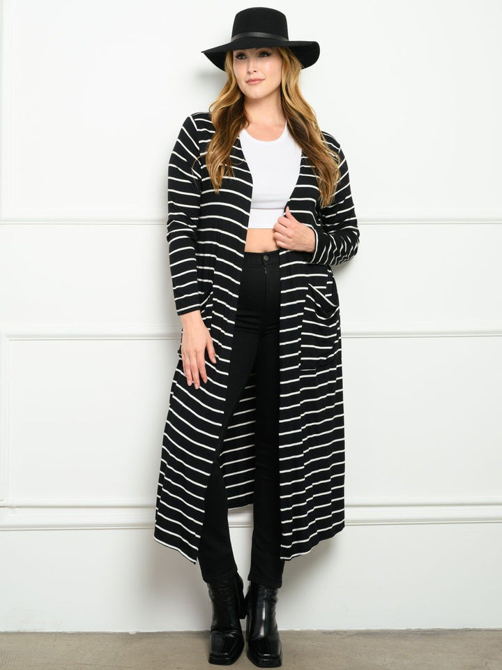 PLUS SIZE STRIPES WITH POCKETS LONG SLEEVE CARDIGAN