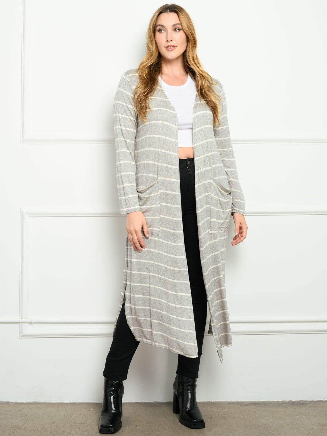 PLUS SIZE STRIPES WITH POCKETS LONG SLEEVE CARDIGAN