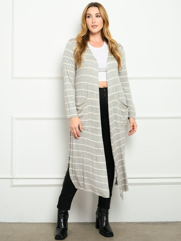 PLUS SIZE STRIPES WITH POCKETS LONG SLEEVE CARDIGAN